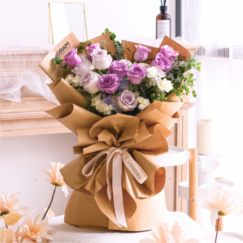 Blush purple roses hand bouquet purple color rose, light purple color roses flower bouquet free delivery kl & pj