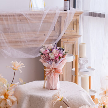 White Rose, White Eustoma, Spary Carnation, White Baby Breath, Caspia Purple, Eucalyptus Parviforia, Bunny Tail, Free Delivery, KL, Kuala Lumpur, Birthday, Surprise