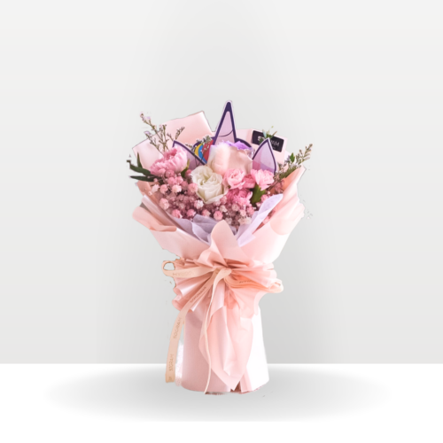 Mini miracle pink carnation bouquet white rose, white eustoma, spary carnation, white baby breath, caspia purple, eucalyptus parviforia, bunny tail, free delivery, kl, kuala lumpur, birthday, surprise