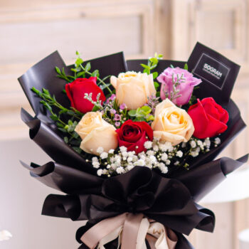 Red rose, purple rose, champagne rose, baby breath