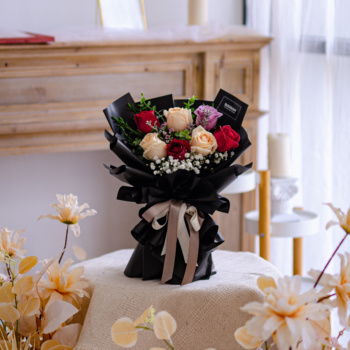 Red rose, purple rose, champagne rose, baby breath