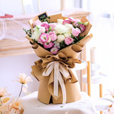 Pink roses, white rose, white ping pong, eustoma, free delivery in kl & pj - large size