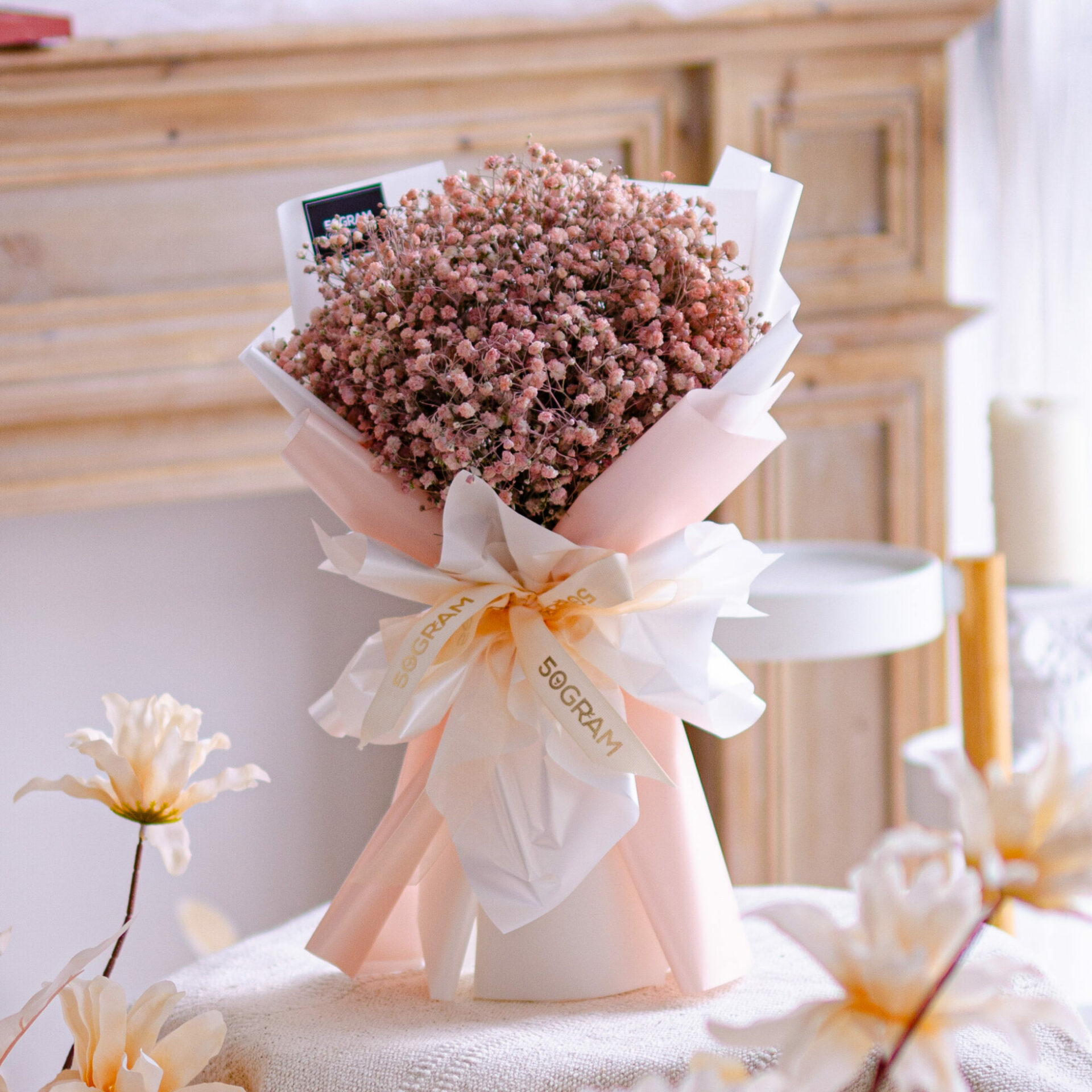 Baby pink, pink, baby breath , baby pink baby breath bouquet , free delivery kl & pj