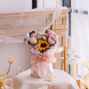 Sunflower, pink rose, pink eustoma, astilbe pink, thlapsi green bell, chamomile, eucalyptus, cinerea, free delivery, kl, kuala lumpur, birthday, surprise