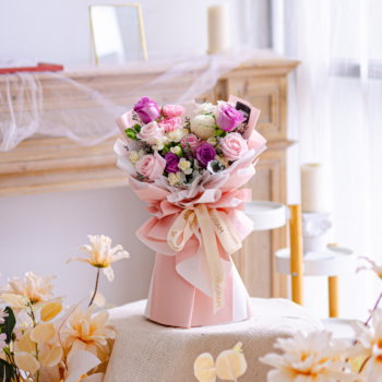 Purple Rose, Pink Rose, Pink Carnation, White Ping Pong Hand bouquet