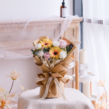 Gerbera champagne, pink rose, white eustoma, chamomile, eucalyptus, baby blue, free delivery, kl, kuala lumpur, birthday, surprise