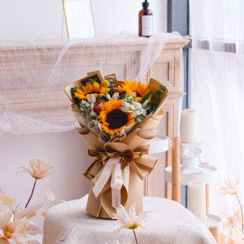 Sunflower, cappuccino rose, alstroemeria white, chamomile, yellow craspedia, eucalyptus, baby blue, free delivery, kl, kuala lumpur, birthday, surprise