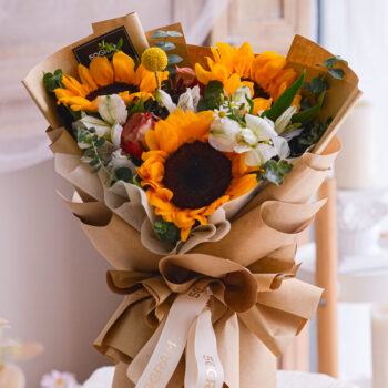 Sunflower, cappuccino rose, alstroemeria white, chamomile, yellow craspedia, eucalyptus, baby blue, free delivery, kl, kuala lumpur, birthday, surprise
