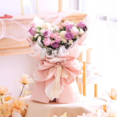 Purple rose, pink rose, pink carnation, white ping pong hand bouquet large size