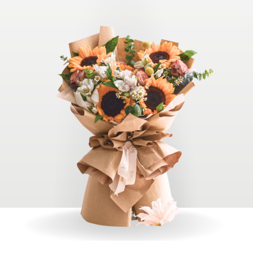 Beautiful you – sunflower bouquet sunflower, cappuccino rose, alstroemeria white, chamomile, yellow craspedia, eucalyptus, baby blue, free delivery, kl, kuala lumpur, birthday, surprise