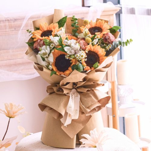 Beautiful you – sunflower bouquet sunflower, cappuccino rose, alstroemeria white, chamomile, yellow craspedia, eucalyptus, baby blue, free delivery, kl, kuala lumpur, birthday, surprise