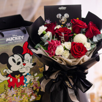 Kenya red rose, alstroemeria red, white ping pong, spray carnation white, caspia purple, eucalyptus cinerea, free delivery, kl, kuala lumpur, birthday, surprise, mickey