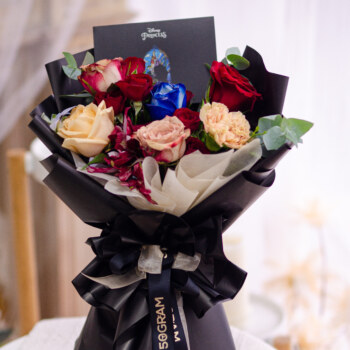 Kenya red rose, cappuccino rose, champagne rose, white rose, alstroemeria red, spray rose red, carnation dusty, eucalyptus cinerea, free delivery, kl, kuala lumpur, birthday, surprise