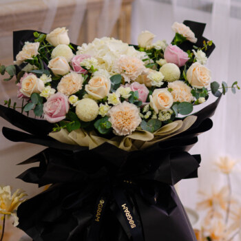 Brut Carnation, Pink Rose, Cream Rose, White Ping Pong, Spray Carnation White, Statice White, Eucalyptus Cinerea, Free Delivery, KL, Kuala Lumpur, Birthday, Surprise