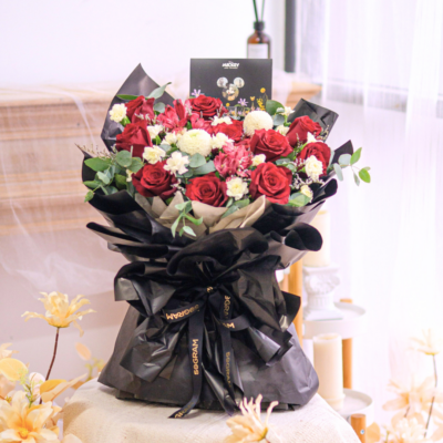 Mickey Red Rose Hand Bouquet Mickey Red Rose Hand Bouquet Kenya Red Rose, Alstroemeria Red, White Ping Pong, Spray Carnation White, Caspia Purple, Eucalyptus Cinerea, Free Delivery, KL, Kuala Lumpur, Birthday, Surprise, Mickey , Free Delivery KL PJ
