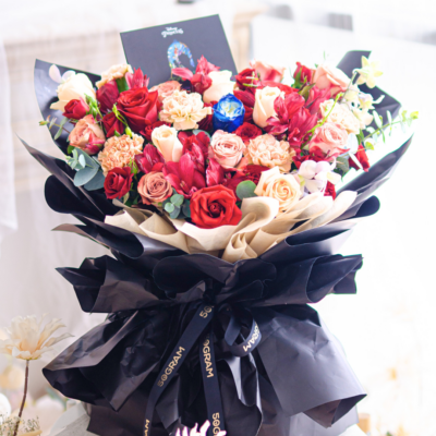 Beauty and The Beast Rose Bouquet Kenya Red Rose, Cappuccino Rose, Champagne Rose, White Rose, Alstroemeria Red, Spray Rose Red, Carnation Dusty, Eucalyptus Cinerea, Free Delivery, KL, Kuala Lumpur, Birthday, Surprise