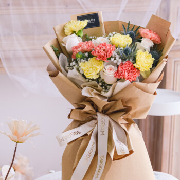 Cream Rose, Yellow Carnation, Orange Carnation, Enrygium Blue, Baby Breath, Eucalyptus Baby Blue, Free Delivery, KL, Kuala Lumpur, Birthday, Surprise