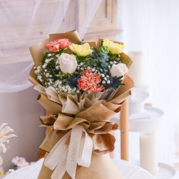 Cream Rose, Yellow Carnation, Orange Carnation, Enrygium Blue, Baby Breath, Eucalyptus Baby Blue, Free Delivery, KL, Kuala Lumpur, Birthday, Surprise