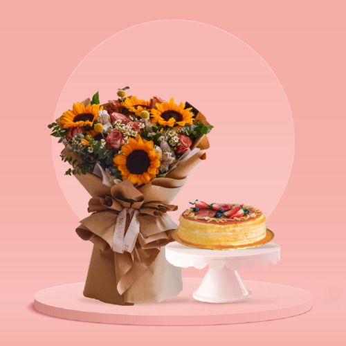 Sunflower, cappuccino rose, alstroemeria white, chamomile, yellow craspedia, eucalyptus, baby blue, free delivery, kl, kuala lumpur, birthday, surprise