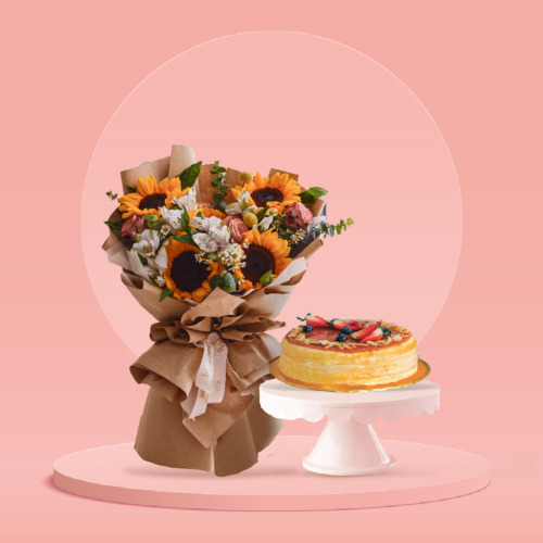 Sunflower, cappuccino rose, alstroemeria white, chamomile, yellow craspedia, eucalyptus, baby blue, free delivery, kl, kuala lumpur, birthday, surprise