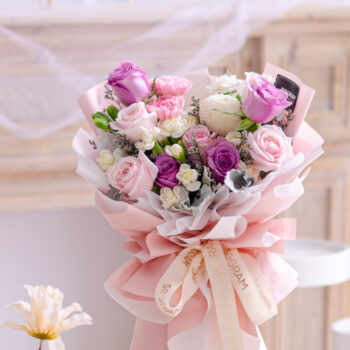 Purple Rose, Pink Rose, Pink Carnation, White Ping Pong Hand bouquet