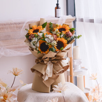 Sunflower, Cappuccino Rose, Alstroemeria White, Chamomile, Yellow Craspedia, Eucalyptus, Baby Blue, Free Delivery, KL, Kuala Lumpur, Birthday, Surprise