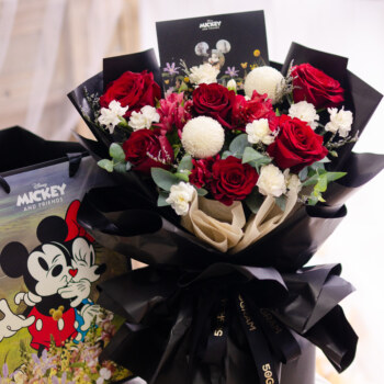 Kenya red rose, alstroemeria red, white ping pong, spray carnation white, caspia purple, eucalyptus cinerea, free delivery, kl, kuala lumpur, birthday, surprise, mickey