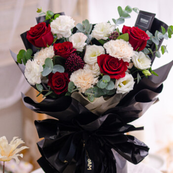 Kenya Red Rose, Brut Carnation, Skimmia Robella, White Eustoma, Eucalyptus Cinerea, Free Delivery, KL, Kuala Lumpur, Birthday, Surprise