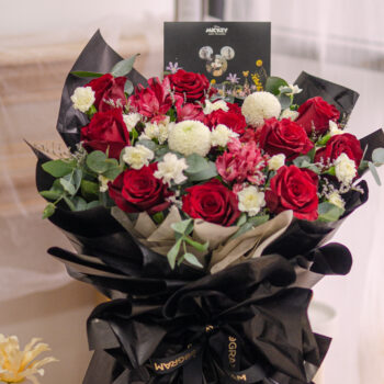 Kenya red rose, alstroemeria red, white ping pong, spray carnation white, caspia purple, eucalyptus cinerea, free delivery, kl, kuala lumpur, birthday, surprise, mickey