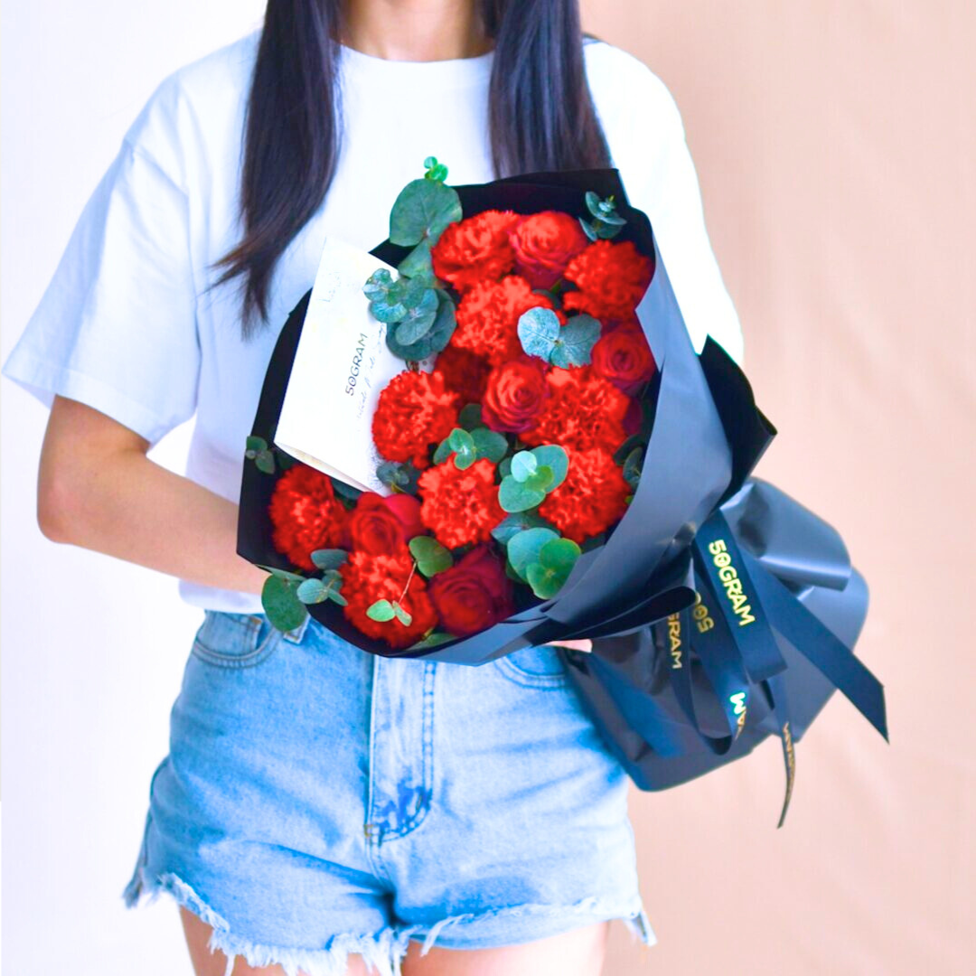 Timeless elegance round shape red carnation bouquet