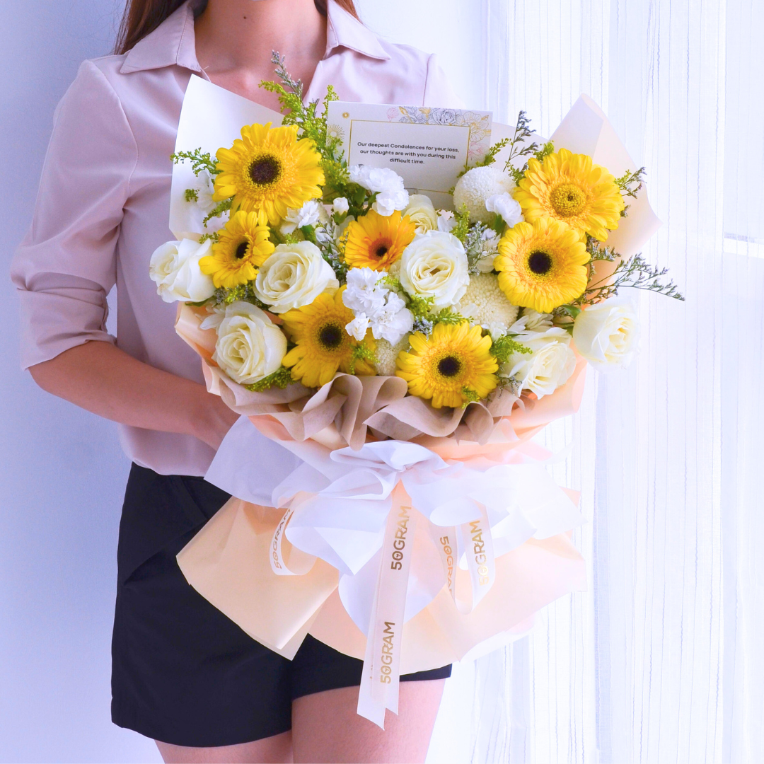 Yellow condolences bouquet standard size free delivery kl & pj