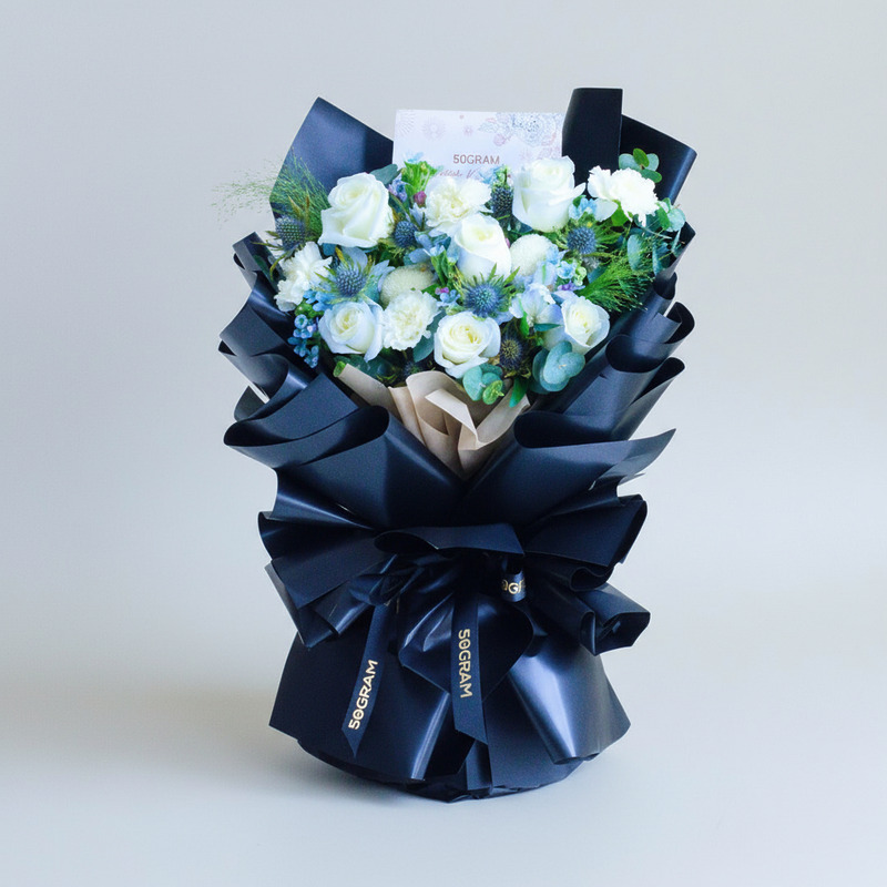 Frosted Elegance Light Blue Rose Hand Bouquet