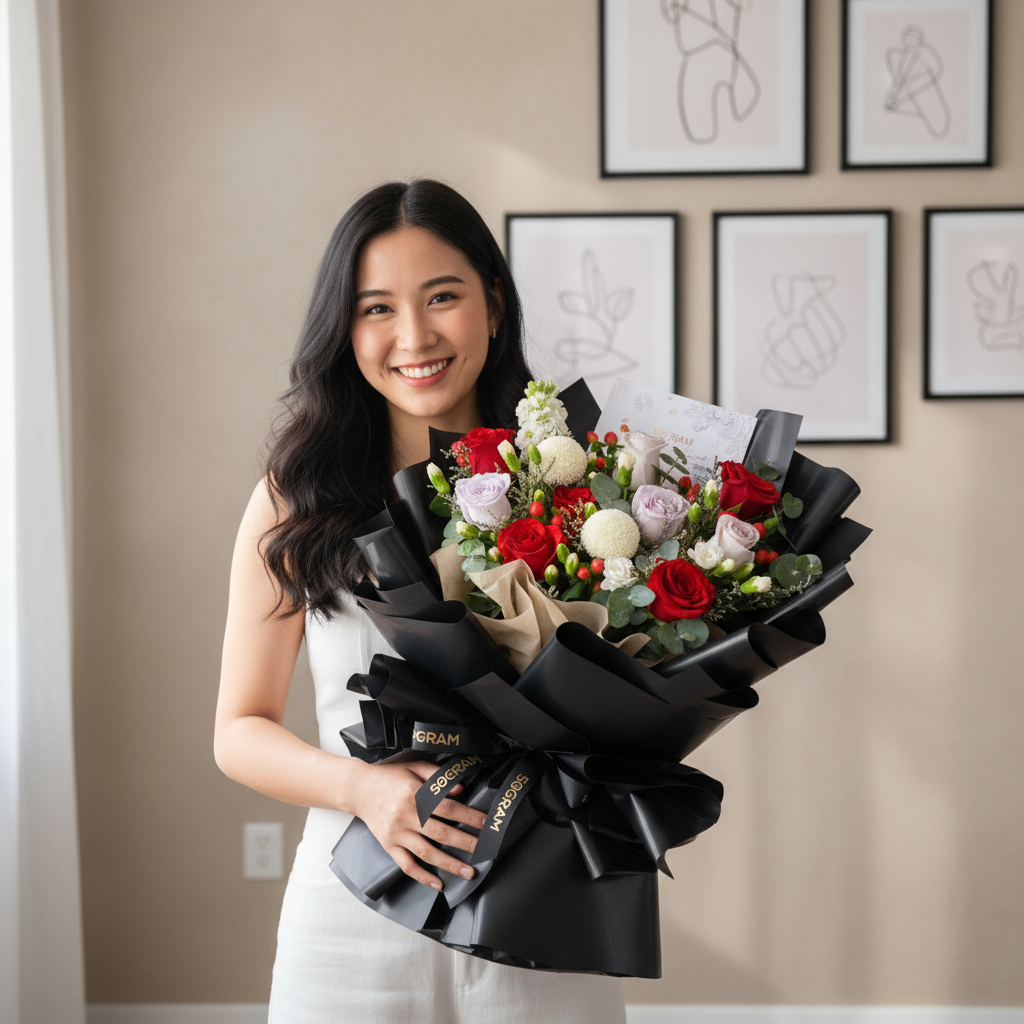 Moonlit love red roses hand bouquet - image 2