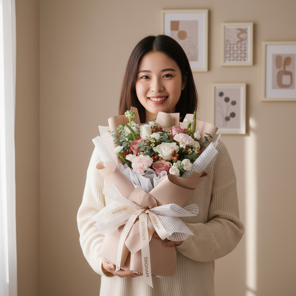 Neutral muse cappuccino roses hand bouquet - image 3