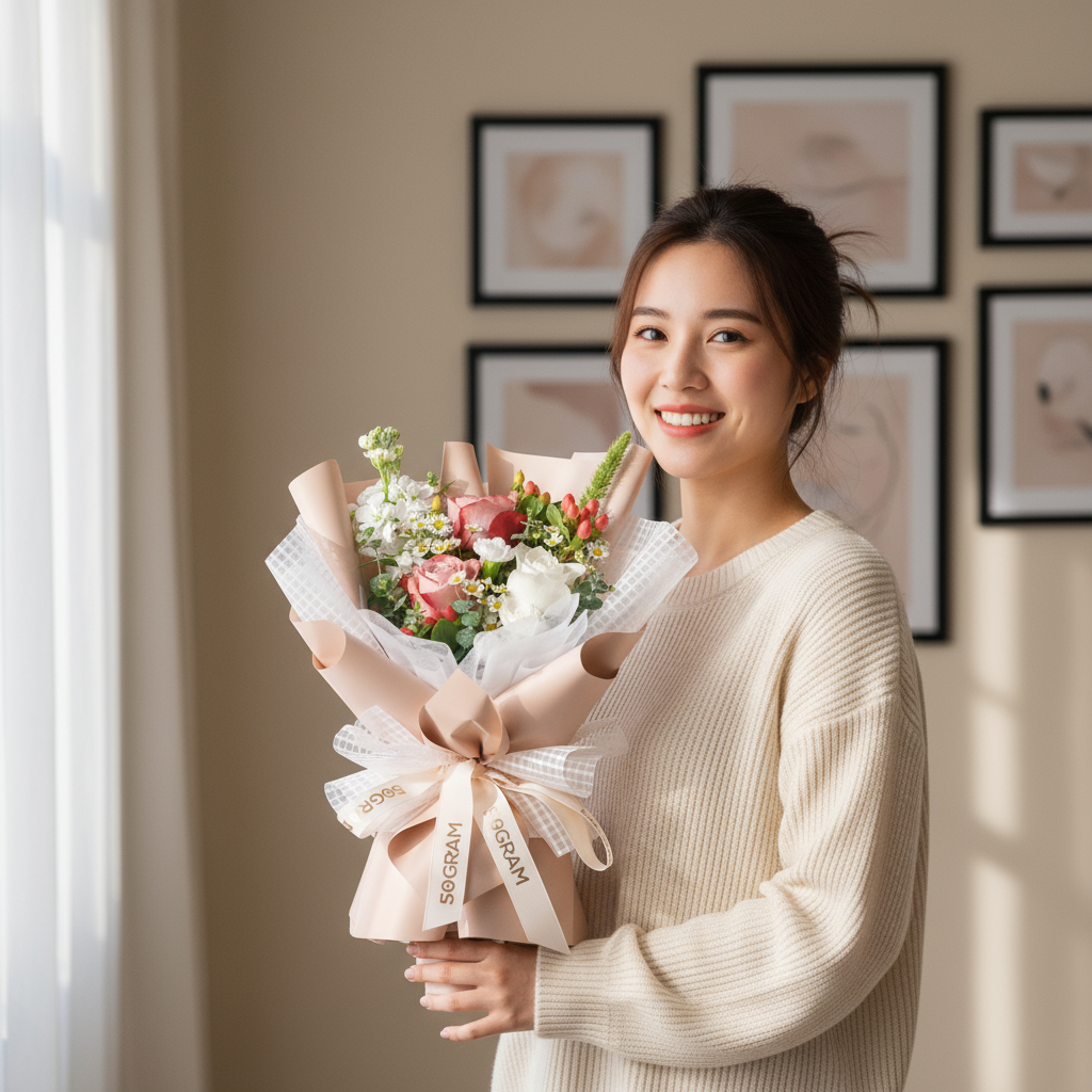 Neutral muse cappuccino roses hand bouquet - image 4