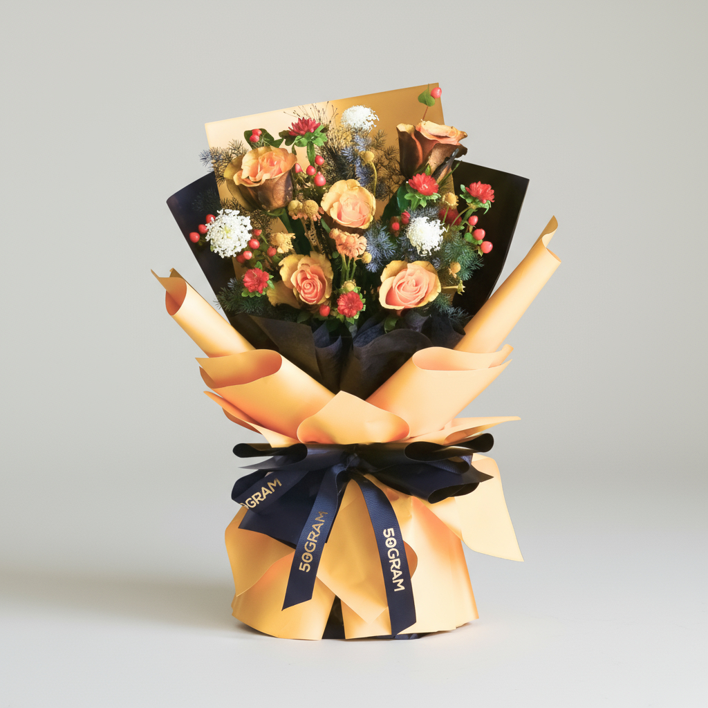 Pumpkin kiss orange roses hand bouquet