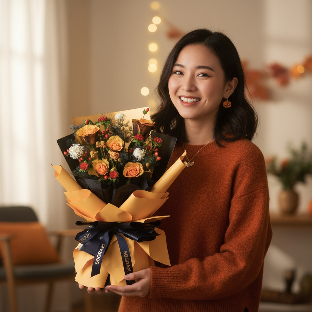 Pumpkin kiss orange roses hand bouquet - image 2